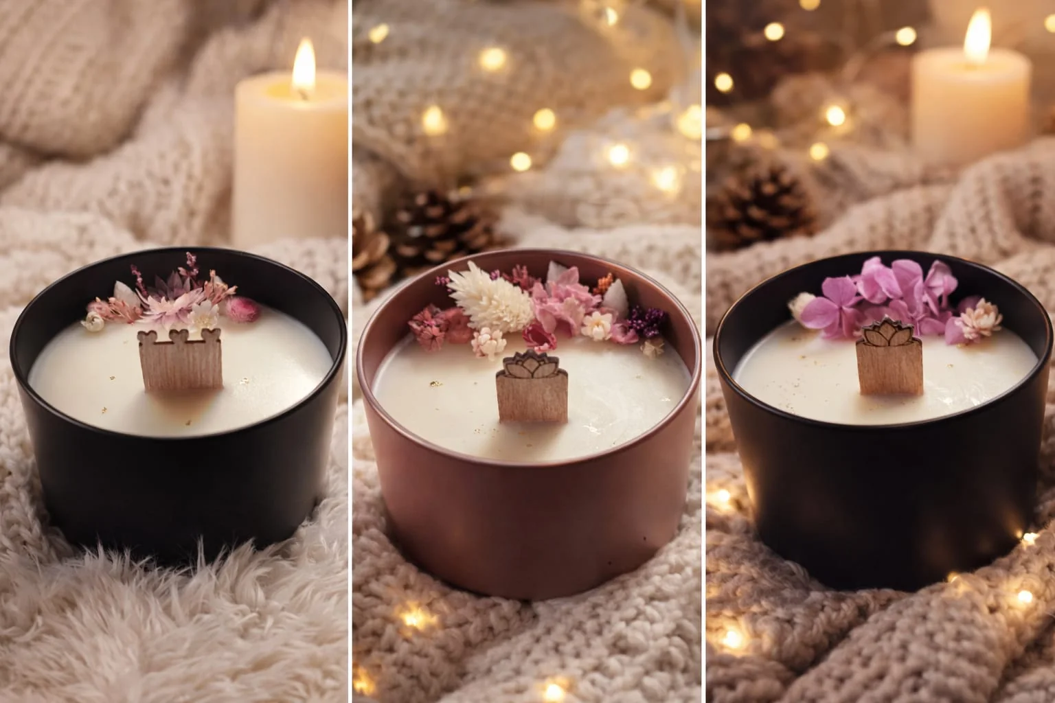 Bougies fleuries Fleurs de Cire, décorées de fleurs séchées, dans une ambiance chaleureuse
